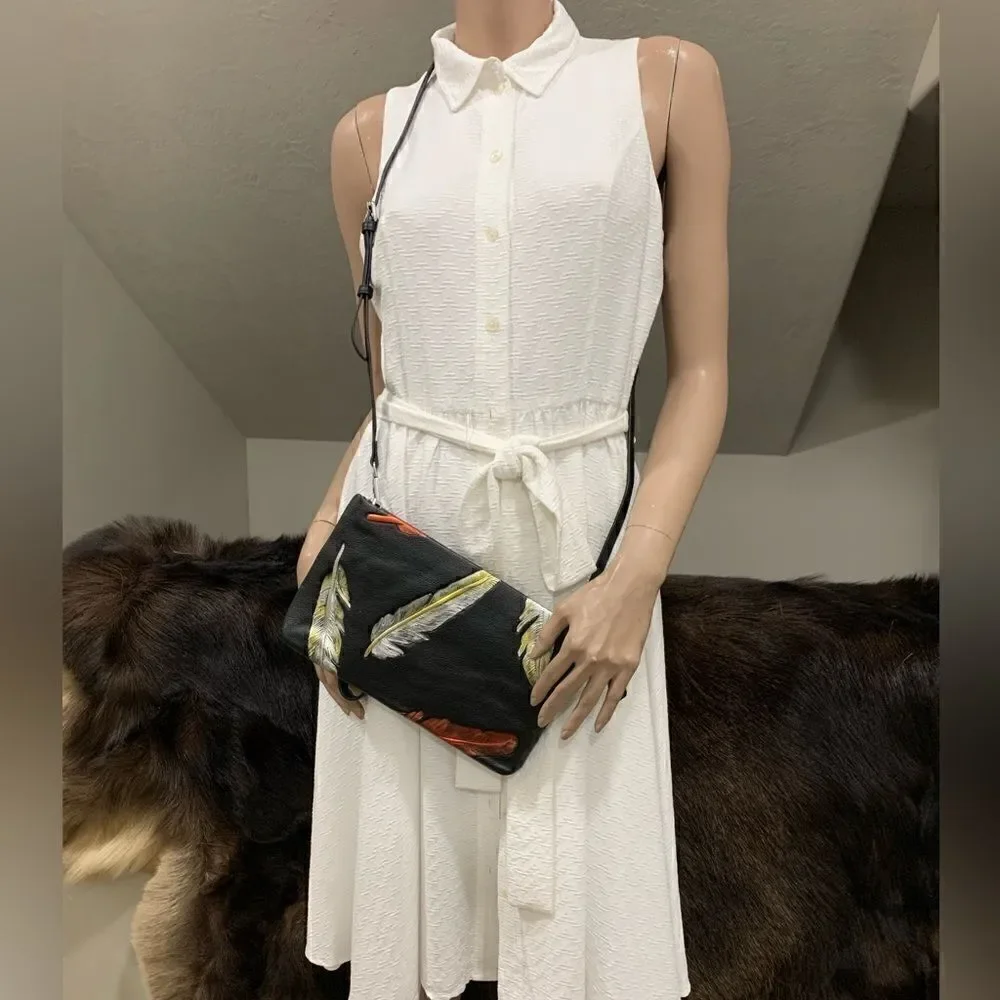 Handmade Genuine Leather Feather Embossed XL Zip Clutch/Wristlet/ Crossbody